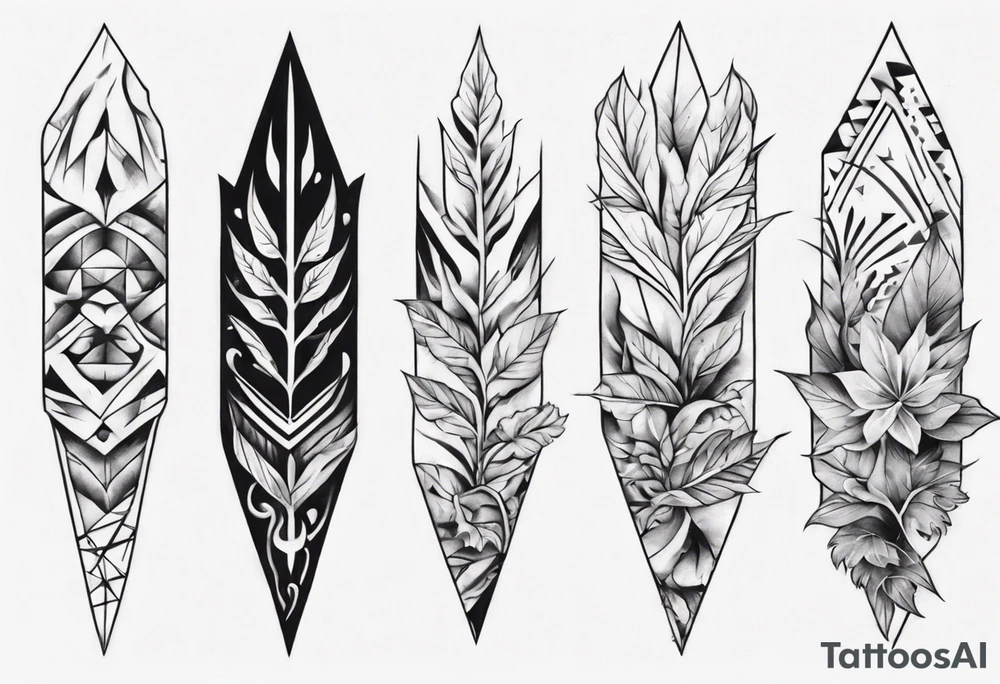 full arm tattoo. pointy leaves combined with geometric shapes. whole arm tattoo idea