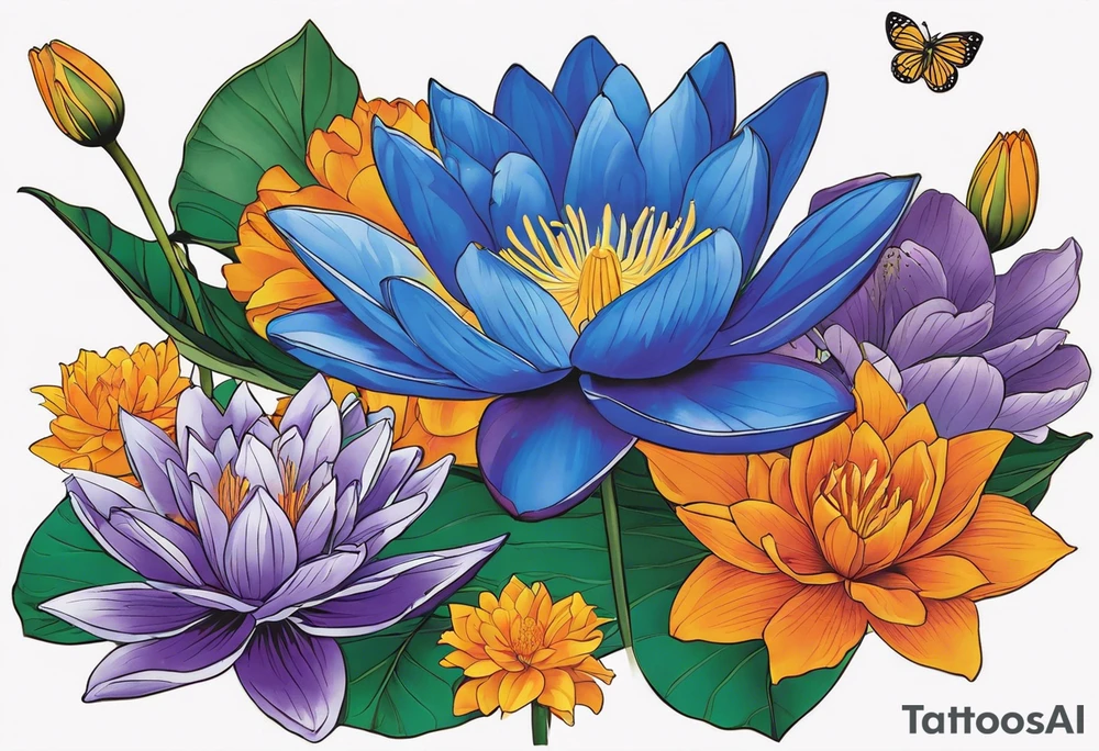 Design a vine of flowers tattoo Centerpiece: Blue and purple Water Lily: Place this at the center, its petals elegantly spread, symbolizing serenity. Place a blue butterfly resting on the waterlily Orange Marigold: Positioned to one side of and below the water lily, with vibrant petals, and a small bumblebee buzzing nearby. Purple Gladiolus: Tall and striking, place these on one side and above the water lily cascading slightly for a natural look. Purple Iris: Integrate these on the opposite side and above the water lily, their unique shape adding depth and contrast. Pink Rose: Position this slightly below the water lily with its delicate petals and gentle curves. Interweave around the water lily, Marigold and rose christmas holy vine with dark green leaves and red berries Vine and Leaves: Use flowing vines that interweave between the flowers, creating a cohesive look. Add leaves that vary in size and shape for a naturalistic tattoo idea
