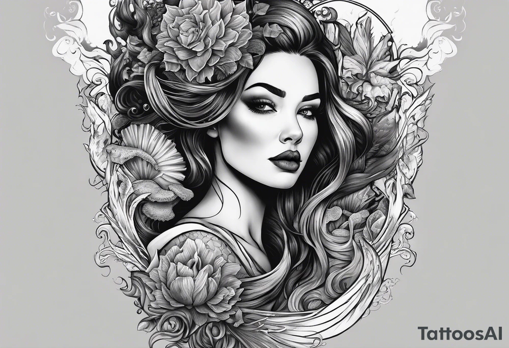 Full-body portrait of a beautiful Eldridge horror woman of the sea tattoo idea