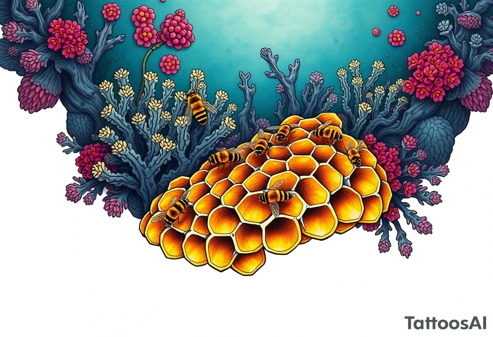 Coral reef scene with honey bees swimming on honey comb tattoo idea