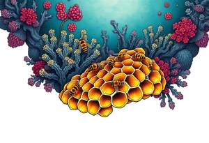 Coral reef scene with honey bees swimming on honey comb tattoo idea