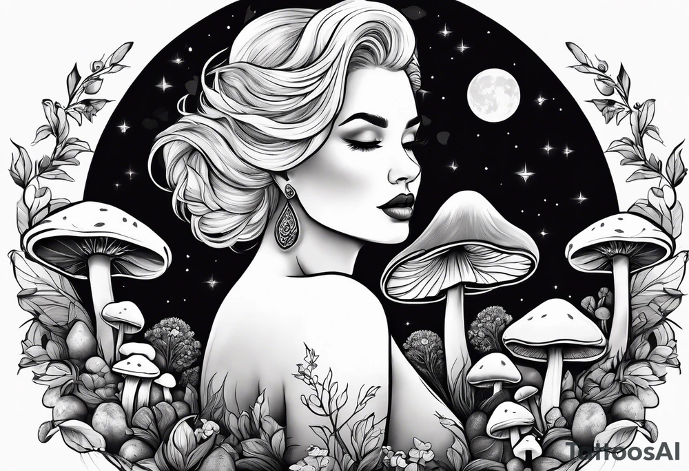 Chubby old blonde woman thin lips surrounded by mushrooms crescent moon mountains background "GRACEFUL" tattoo idea