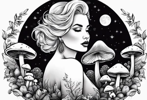 Chubby old blonde woman thin lips surrounded by mushrooms crescent moon mountains background "GRACEFUL" tattoo idea