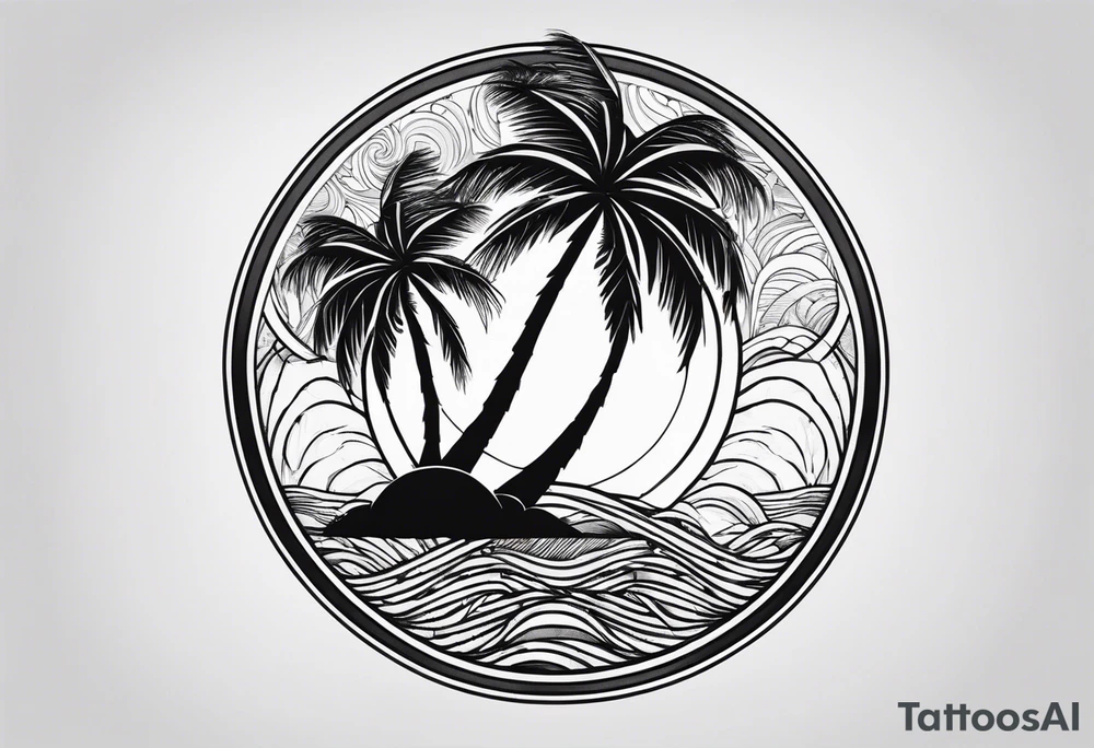 palm tree front of a sun and waves tattoo idea