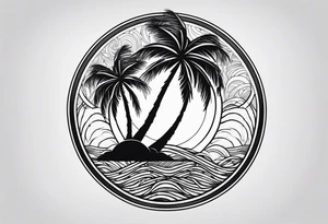 palm tree front of a sun and waves tattoo idea