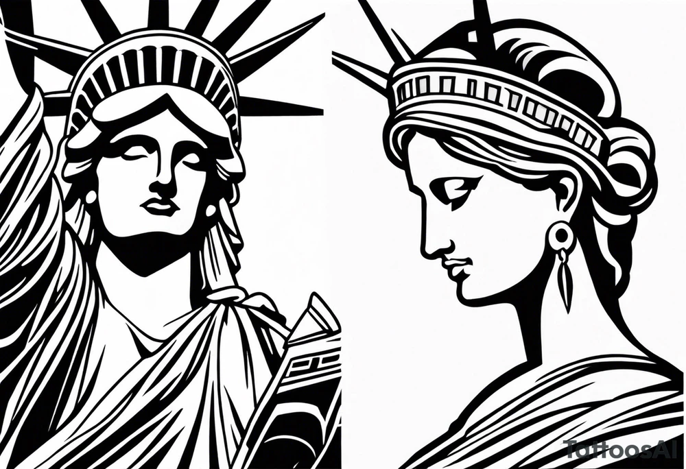 Left arm sleeve tattoo, tribal and statue of liberty tattoo idea