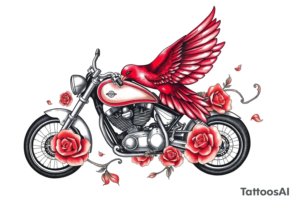 Motorcycle, red bird flying, roses and lace, flames tattoo idea