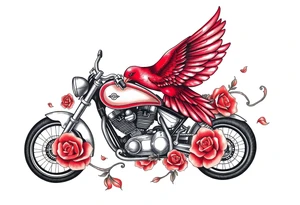 Motorcycle, red bird flying, roses and lace, flames tattoo idea