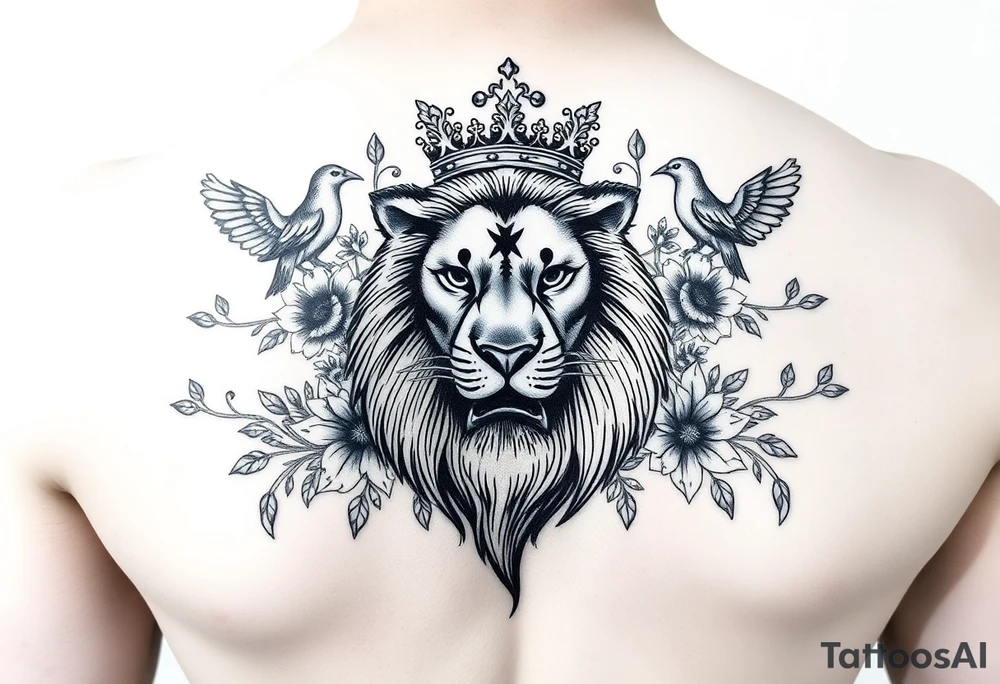 powerful majestic lion with a crown, surrounded by floral ornaments and birds tattoo idea