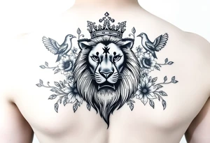 powerful majestic lion with a crown, surrounded by floral ornaments and birds tattoo idea
