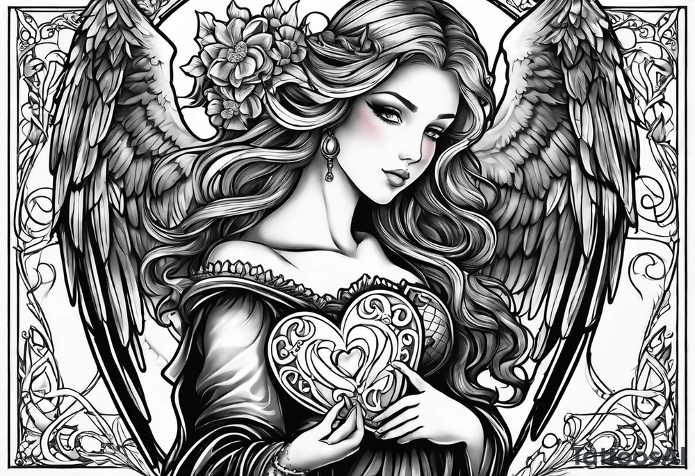 angel holding a heart in both her arms, name Leah is written in gothic letters. tattoo idea