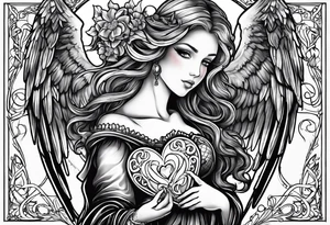 angel holding a heart in both her arms, name Leah is written in gothic letters. tattoo idea
