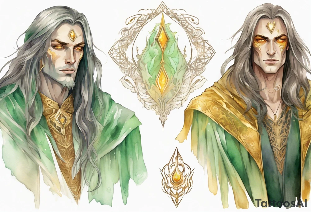 A tall beautiful man with pale green skin  with long hair of gold and silver with amber eyes wearing a gold cloak tattoo idea