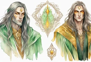 A tall beautiful man with pale green skin  with long hair of gold and silver with amber eyes wearing a gold cloak tattoo idea