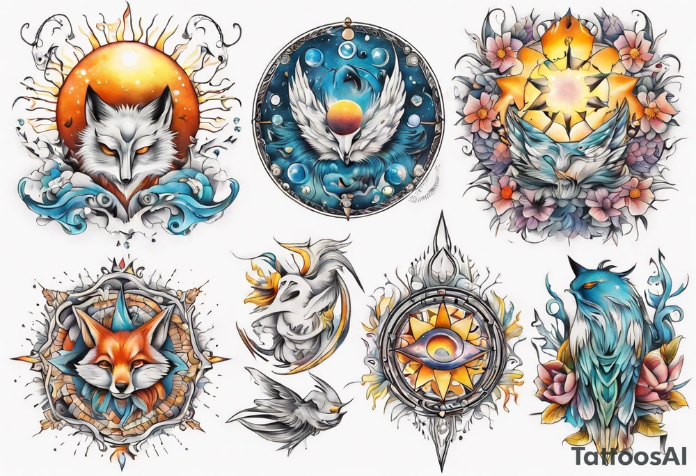 fisch, fuchs und eule , symetrie  sonne, universum, bunt, " sapere aude" tattoo idea