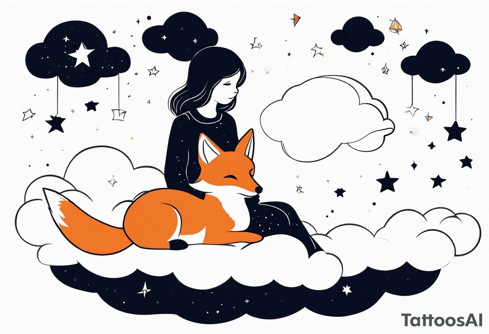 little girl with a fox sit side by side on a cloud and look at the stars like the petit prince tattoo idea