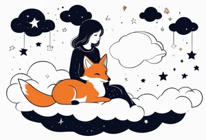 little girl with a fox sit side by side on  a cloud and look at the stars like the petit prince tattoo idea