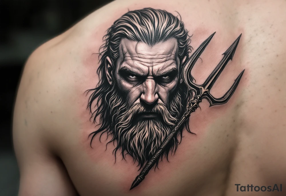 fit poseidon, behind a trident, looking at his nose tattoo idea