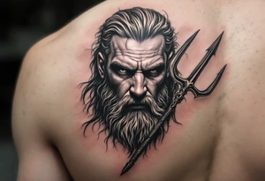 fit poseidon, behind a trident, looking at his nose tattoo idea