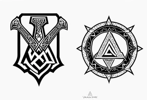 Valhalla 
Sword shield valknut  axe fire tattoo idea