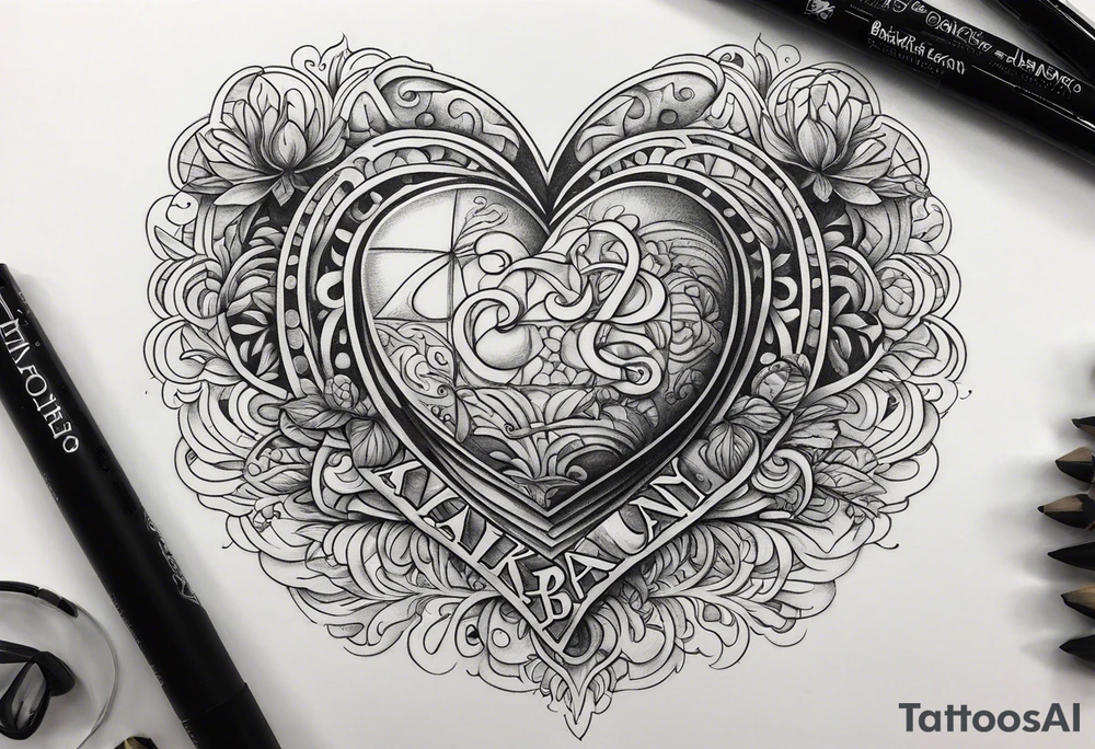 Heart bottom left a backslash line containing the word balance mid way, brain top right tattoo idea