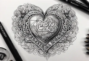 Heart bottom left a backslash line containing the word balance mid way, brain top right tattoo idea
