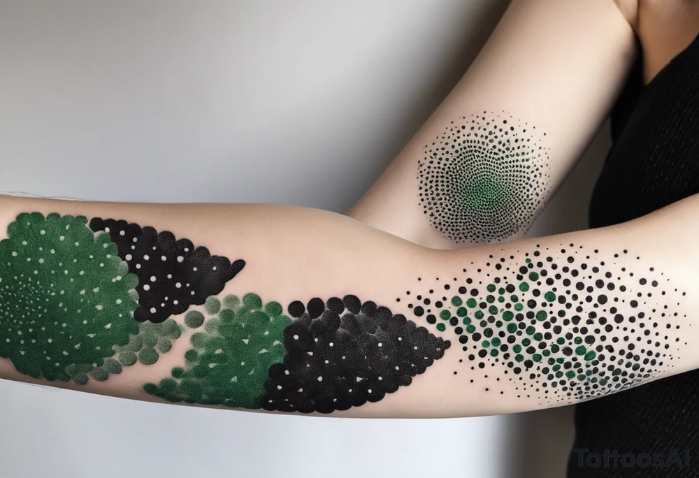 england, abstract, green and black, covered from wrist to forearm, fully covered, no borders, blackwork, no people tattoo idea