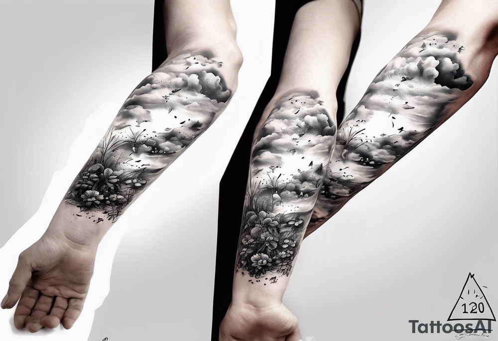 forearm tattoo of a clouds with little plants and the date 12.08.05 tattoo idea