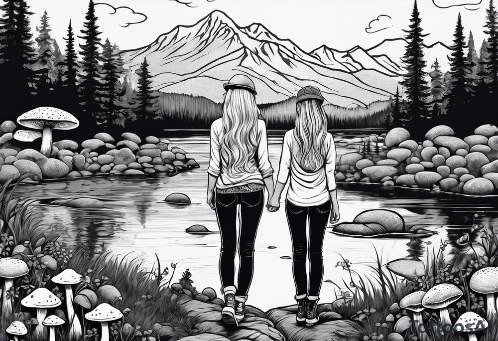 Whole picture encircled fully

Straight long blonde hair hippie girl in distance holding mushrooms in hand facing away toward mountains and creek surrounded by mushrooms long sleeve shirt and hiking pants; whole rendering within a full circle, no cut off circle tattoo idea