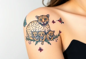 3 jaguars (a mother and 2 cubs) surrounded by butterflies and hummingbirds in new old school style tattoo idea