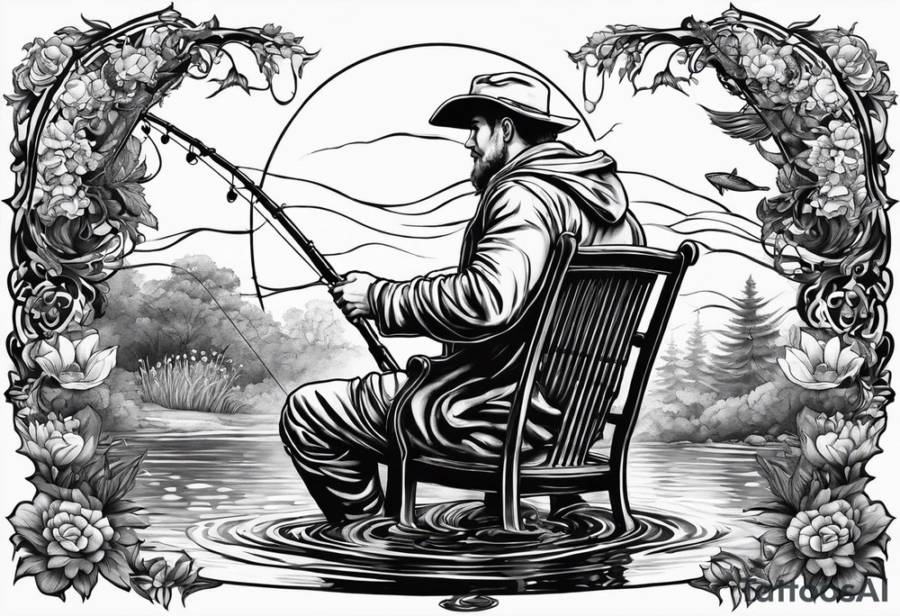 Man with halo  sitting in chair fishing in a pond from a distance tattoo idea