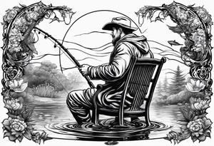 Man with halo  sitting in chair fishing in a pond from a distance tattoo idea