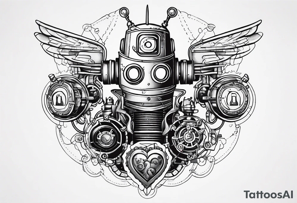 steampunk robot with a real heart tattoo idea