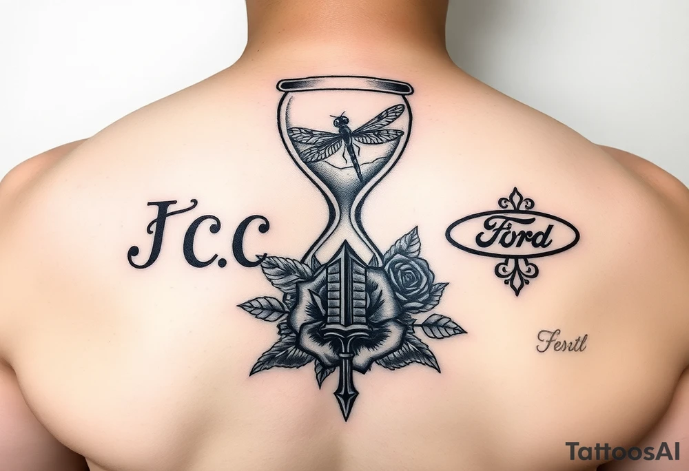 Hourglass with the letters J, A, C in the sand, dragonfly, cross, black rose, and Ford emblem tied into each other tattoo idea