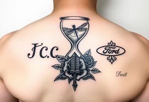 Hourglass with the letters J, A, C in the sand, dragonfly, cross, black rose, and Ford emblem tied into each other tattoo idea