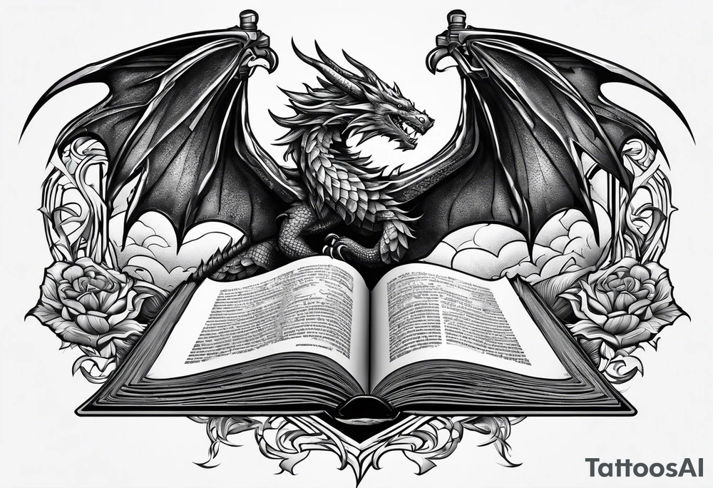 an empty open book with a sword through it, dragonwings and sparks surrounding the book. tattoo idea