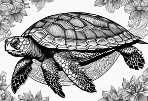 A serene turtle swimming underwater, detailed shell patterns visible, symbolizing patience and longevity.” tattoo idea