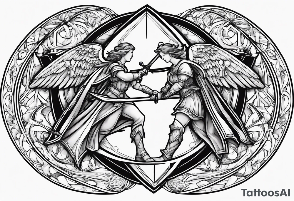 Two angels, one with a flaming sword in one hand, the other with a shield, and both hold the planet Earth with the other hand. tattoo idea