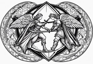 Two angels, one with a flaming sword in one hand, the other with a shield, and both hold the planet Earth with the other hand. tattoo idea