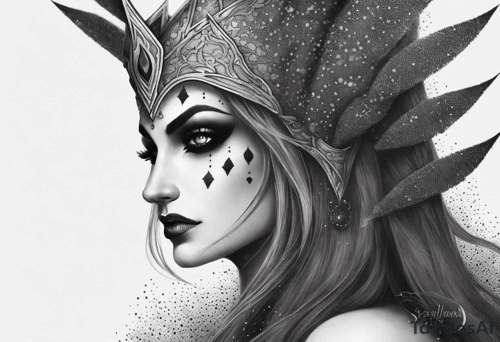 Idea for a pointillism tattoo of Sylvanas Banshee mode with some smoke around from World of Warcraft, black and white tattoo idea