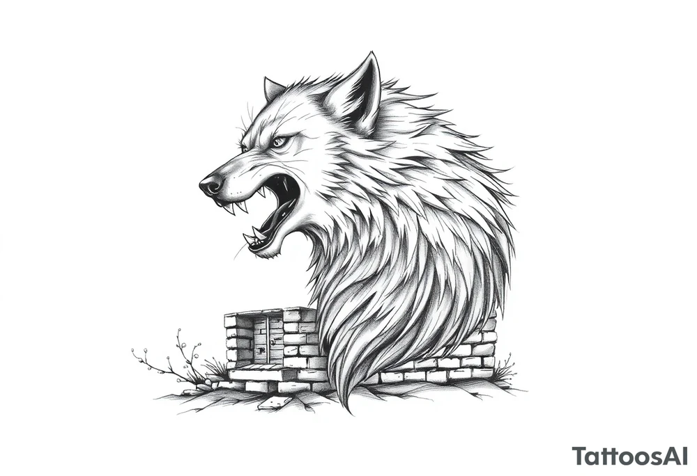 Big  wolf  blowing down   a brick house tattoo idea