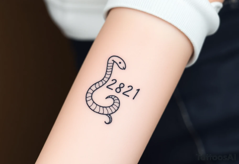 I want a small simple silhouette lines black and white wrist princess like girl snake tattoo that has number 12821 on its body along and also I want it to represent feminine energy crown queen Cycle tattoo idea