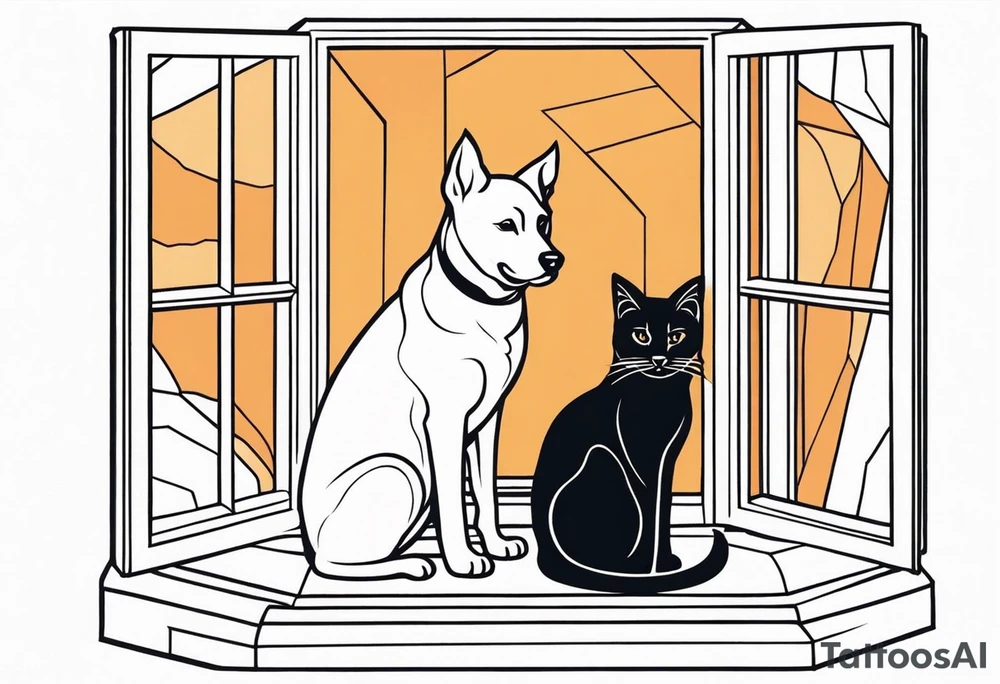 dog and cat sitting on floor and looking out octagonal window together tattoo idea