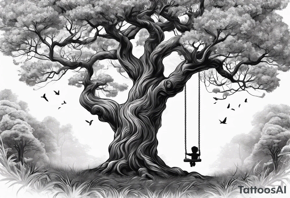Tree with swing and kids playing tattoo idea