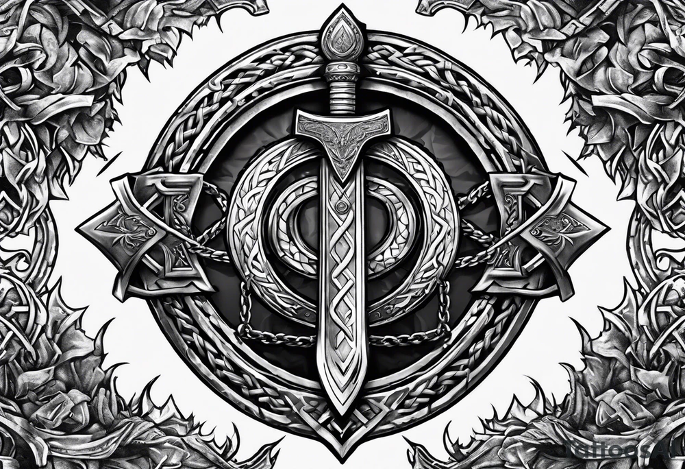 Valhalla sword shield dragon axe Valknut barbed wire chains fire tattoo idea