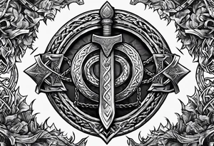 Valhalla sword shield dragon axe Valknut barbed wire chains fire tattoo idea