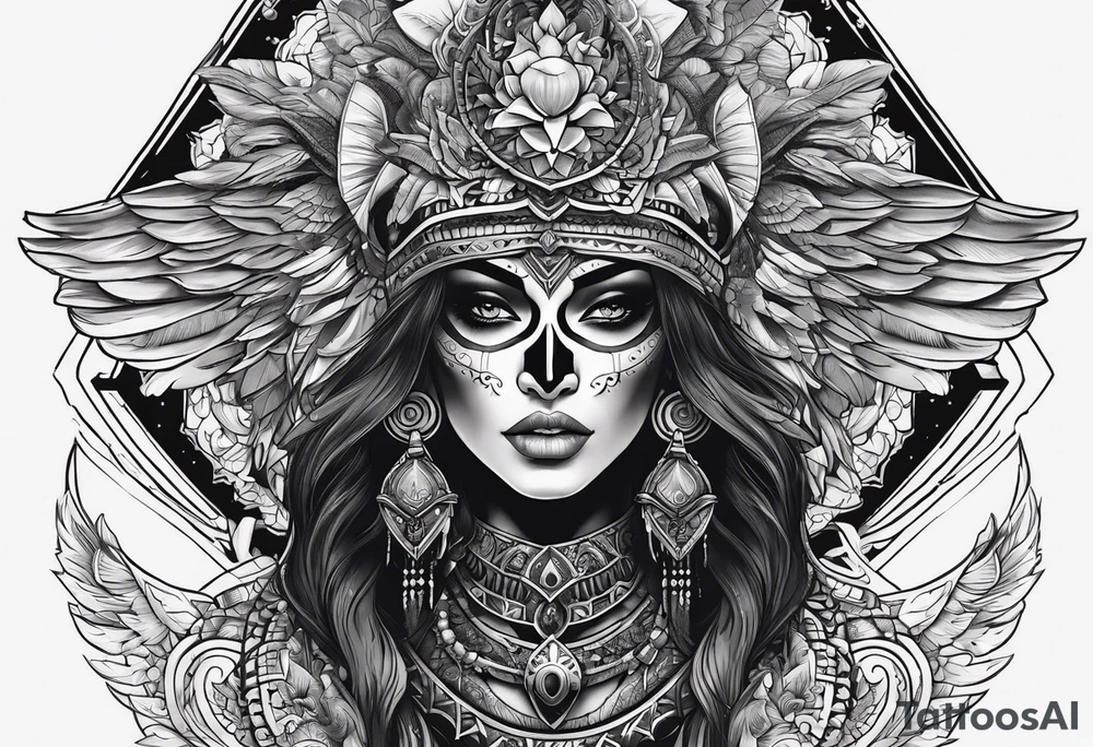 black kali, goddess pirate, alien, pachamama, valkrye, warrior, skull, lotus azul, wing, eagle, zenza resonance, stars, 5D tattoo idea