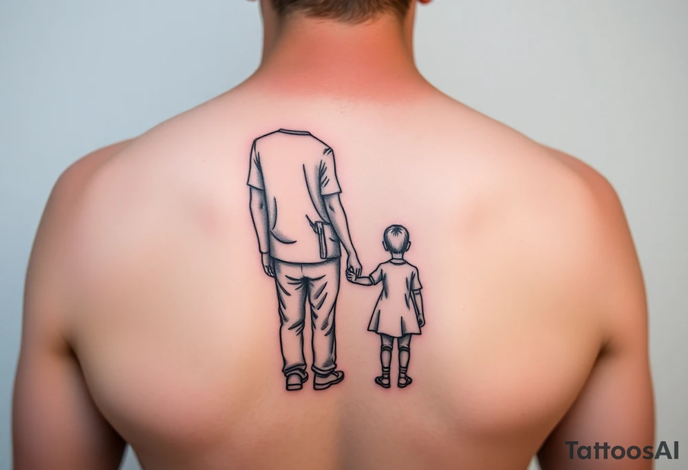 A tattoo on his forearm depicting a dad standing in the back and holding his daughter and son's hand together looking to the future. tattoo idea