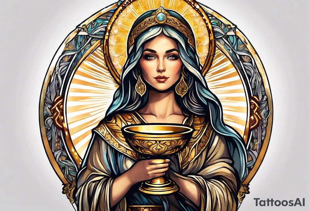 woman saint holding chalice surrounded by golden halo tattoo idea