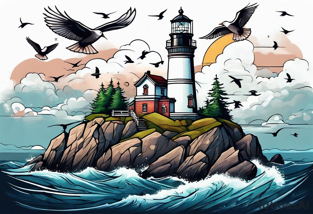 Lighthouse with birds tattoo idea